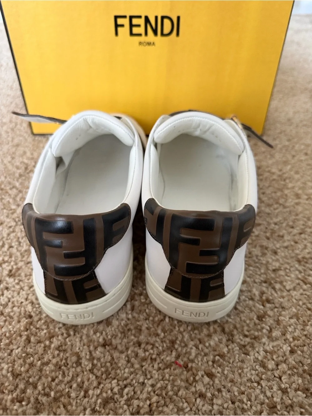 Fendi  White Sneakers with Brown FF Buckle Strap and Gold Hardware
